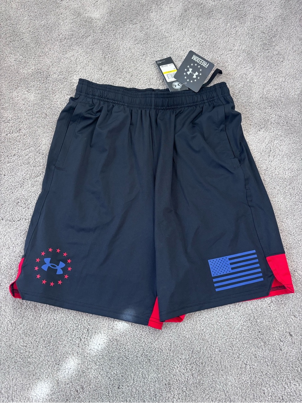 Under Armour Men’s Black Athletic Shorts with Blue and Red Accents